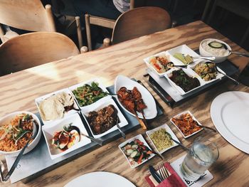 High angle view of meal served on table