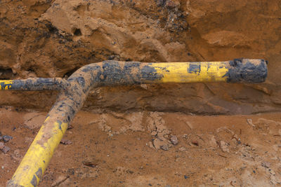 Close-up of yellow sign on rock