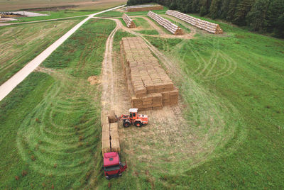 High angle view of tractor on agricultural field