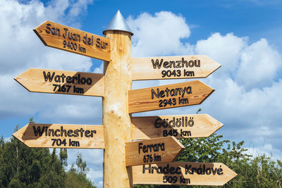 Low angle view of signboard against sky