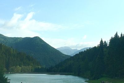 Scenic view of lake and mountains against sky