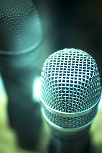 Close-up of microphones at studio