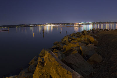 Scenic view of sea against clear sky at night