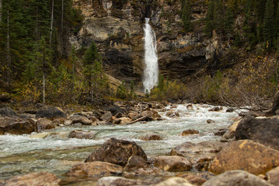 Aerial view of the pretty laughing falls in yoho national park on a rainy day