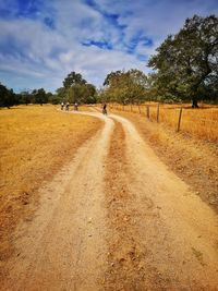 Dirt road amidst field against sky