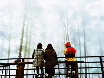 Rear view of people standing on footbridge