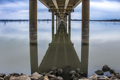 Reflection of bridge in river against sky