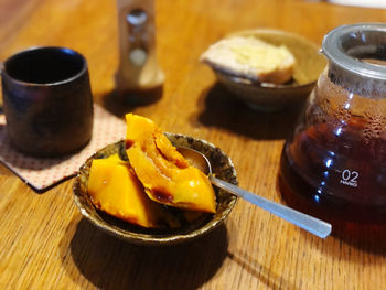 High angle view of breakfast on table
