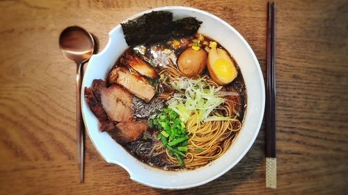 High angle view of food in bowl on table