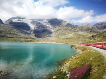 Scenic view of lake against cloudy sky