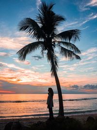 Silhouette palm tree on beach against sky during sunset
