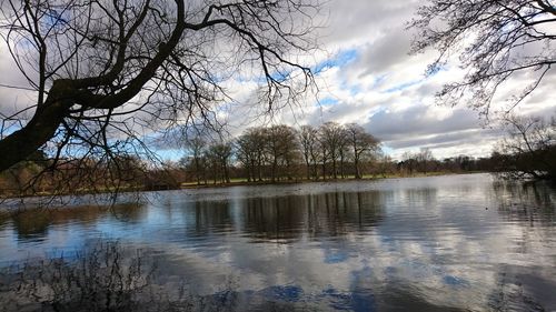 Scenic view of lake against cloudy sky