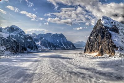 Scenic view of snowcapped mountains against sky