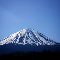 Scenic view of snowcapped mountains against clear blue sky