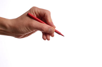 Close-up of hand holding red over white background