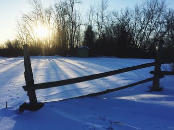 Sun shining over snow covered field