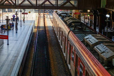 High angle view of train at railroad station