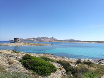 Scenic view of sea against clear blue sky