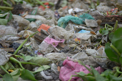 High angle view of garbage and leaves