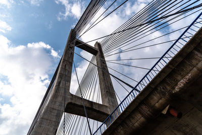 Low angle view of suspension bridge against sky