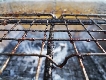 Close-up of snow on metal fence during winter