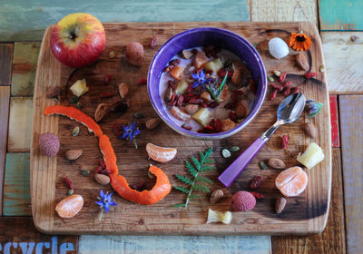 Directly above shot of food on wooden table
