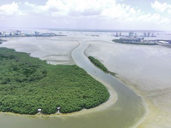 Aerial shot on the mangrove beach in romokalisari, surabaya, east java, indonesia