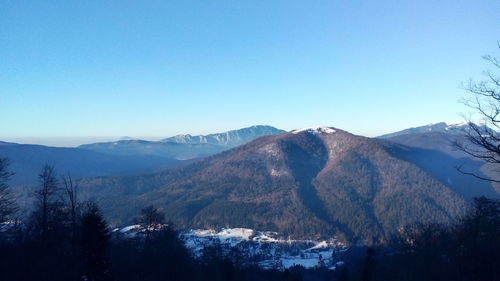 Scenic view of mountains against clear blue sky