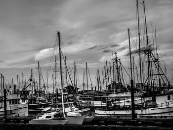 Boats in harbor against cloudy sky