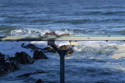 High angle view of sea waves splashing on shore