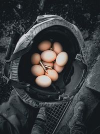 High angle view of eggs in basket