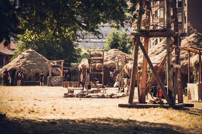 Trees and buildings on field in village