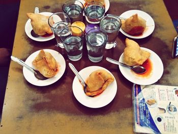 High angle view of breakfast served on table