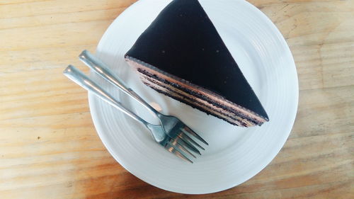 High angle view of cake in plate on table