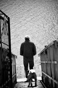 Rear view of man walking with dog on footbridge