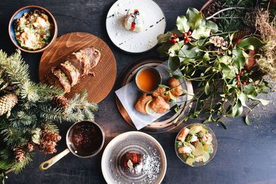 High angle view of breakfast on table