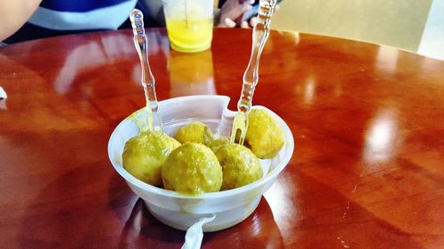 High angle view of drink in bowl on table