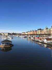 Boats in harbor with buildings in background