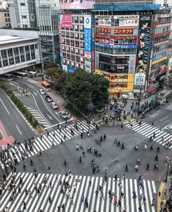 High angle view of people crossing street