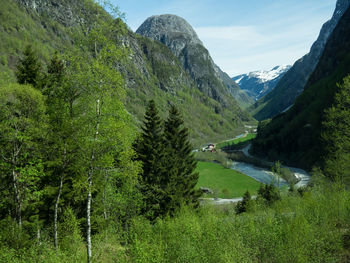 Scenic view of landscape and mountains against sky