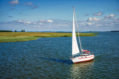 Sailboat sailing on sea against sky