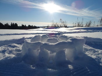 Snow covered land against sky