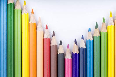 Close-up of colored pencils against white background