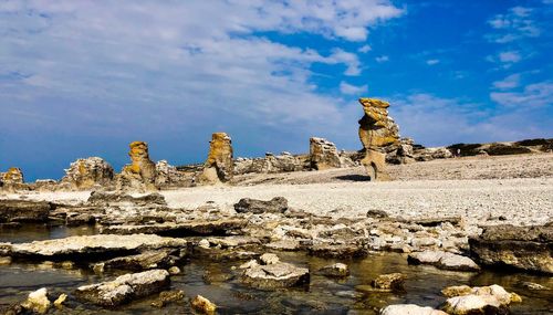 Rock formations in water against sky