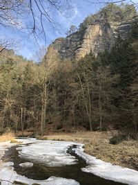 Scenic view of waterfall against sky