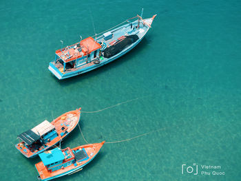 High angle view of ship moored in sea