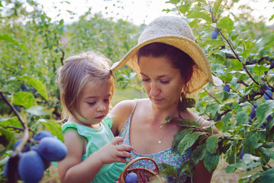 Mother and daughter picking fruits