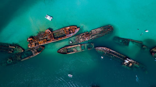 High angle view of boats in sea