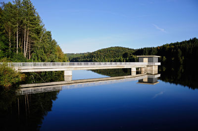 Reflection of trees in swimming pool against blue sky