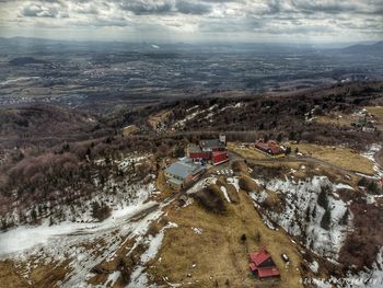 High angle view of buildings against sky